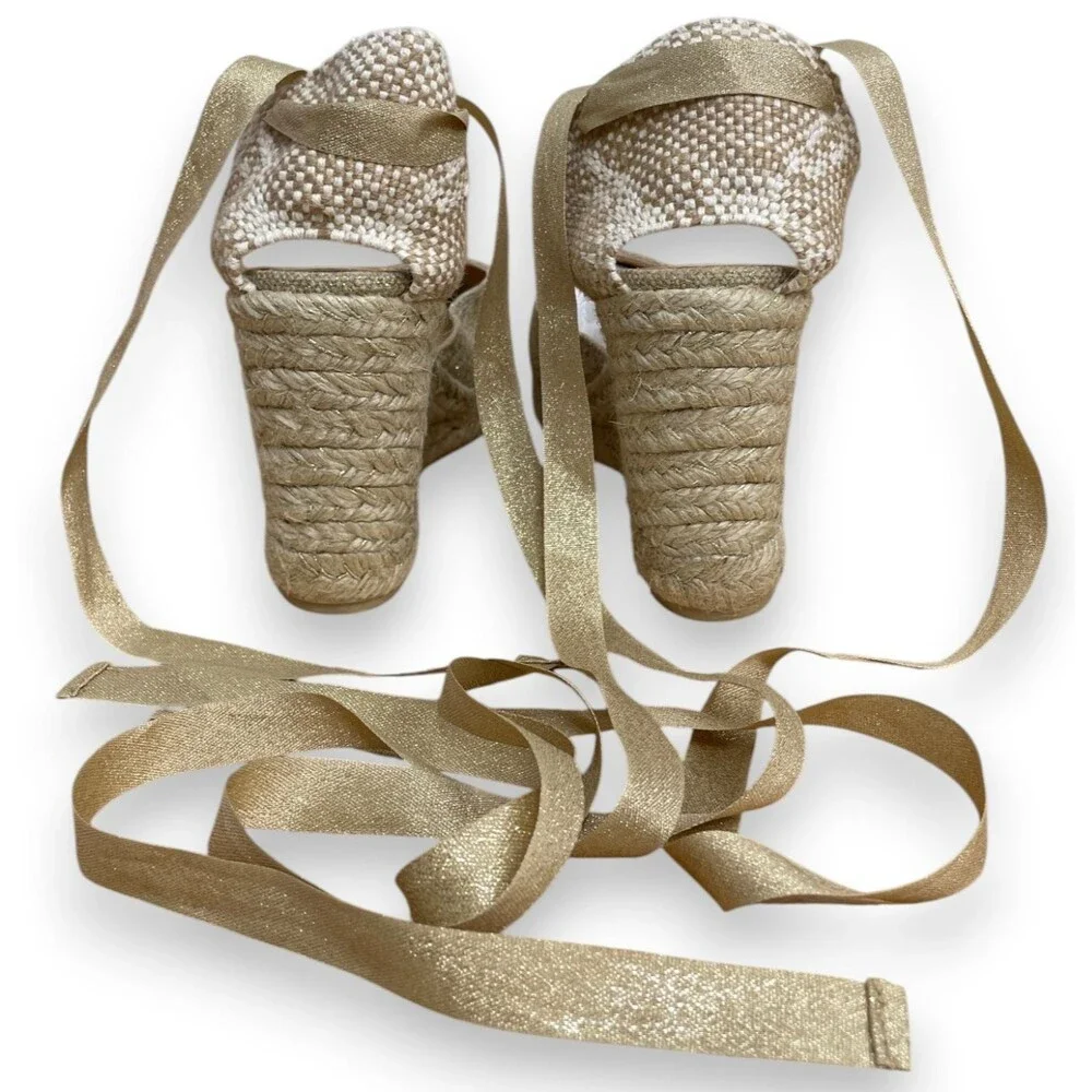 Castaner Carina Wedge Espadrilles Womens 38 7.5 Gold Wedges Sandals Lace Up New
